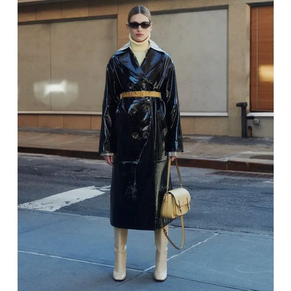 Tory Burch Black Patent Leather Trench Coat Belted Size 6